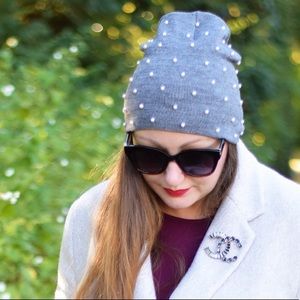 Sara Faux Pearl Beanie Hat